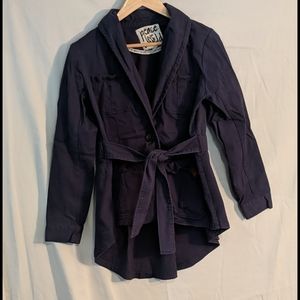 Peace Love World peplum back blue belted jacket